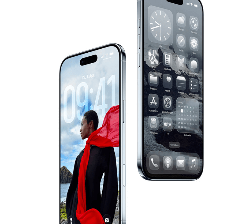 Zwei iPhones 17 Air nebeneinander, links der Sperrbildschirm mit großem Uhr-Widget, rechts die App-Übersicht im Schwarz-Weiß-Design.