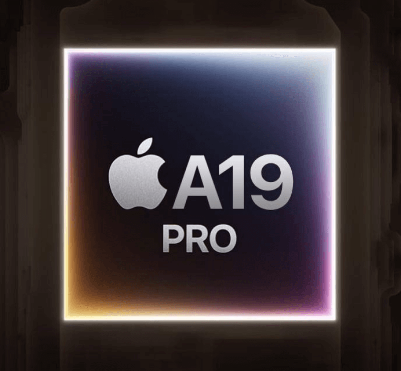 Grafische Darstellung des Apple A19 Pro Chips mit leuchtendem Rahmen und Apple-Logo.