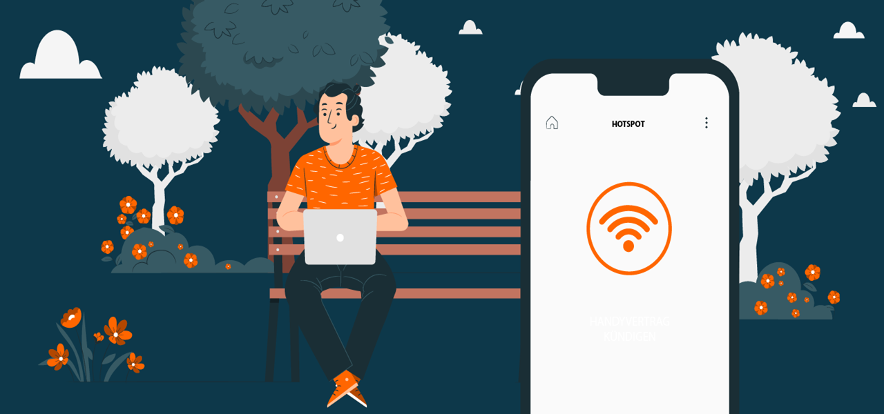 Mann sitzt auf einer Parkbank mit einem Laptop auf dem Schoß. Im Vordergrund ist ein Smartphone mit aktivierter Hotspot-Funktion zu sehen.