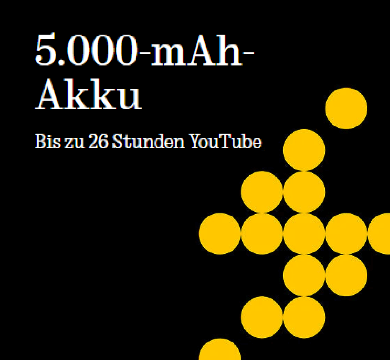 Schwarzer Hintergrund mit weißer Schrift: ‚5.000-mAh-Akku – Bis zu 26 Stunden YouTube‘. Rechts daneben mehrere gelbe Punkte in Pfeilform, die auf lange Akkulaufzeit des Nothing Phone (3a) Pro hinweisen.