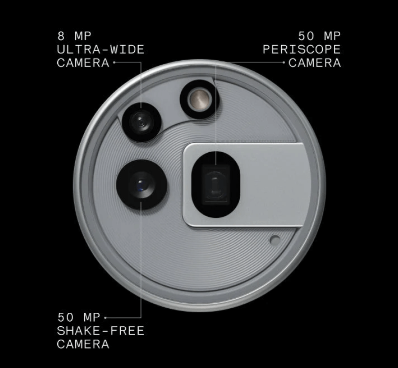 Detailansicht des runden Kamera-Moduls des Nothing Phone (3a) Pro mit Beschriftungen: 50 MP Shake-Free Kamera unten links, 8 MP Ultra-Wide Kamera oben links, 50 MP Periskop-Kamera oben rechts sowie ein LED-Blitz – alle Komponenten kreisförmig angeordnet auf silbernem Untergrund.“