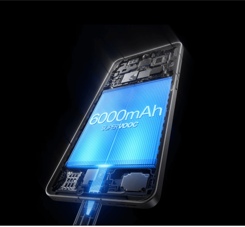 Darstellung des 6000 mAh Akkus mit SUPERVOOC-Schnellladefunktion im transparenten Gehäuse des OnePlus 13R.