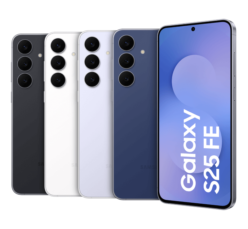 Vier Samsung Galaxy S25 FE Smartphones nebeneinander. Drei zeigen die Rckseite mit drei Kameras, in den Farben Schwarz, Wei und Violett. Daneben ein Gert in Blau von hinten und eines von vorn mit eingeschaltetem Display und der Aufschrift Galaxy S25 FE.