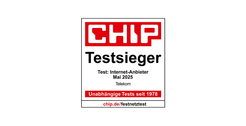 CHIP Siegel über Telekom, als Testsieger Mai 2025 in der Kategorie Internet-Anbieter.