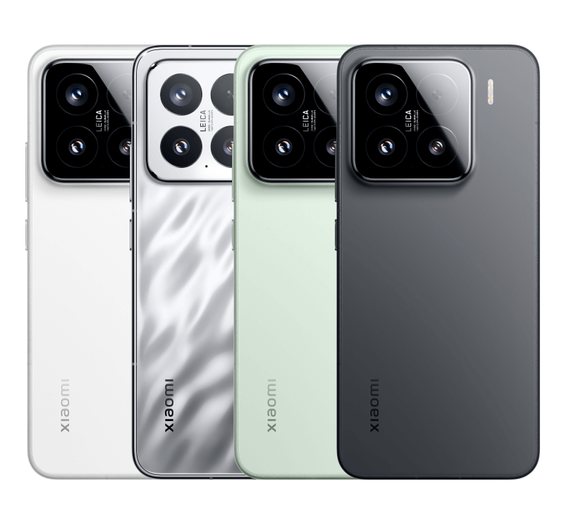 Xiaomi 15 in vier Farbvarianten, jeweils in der Rckansicht nebeneinander in Wei, Silber, Grnd und Schwarz