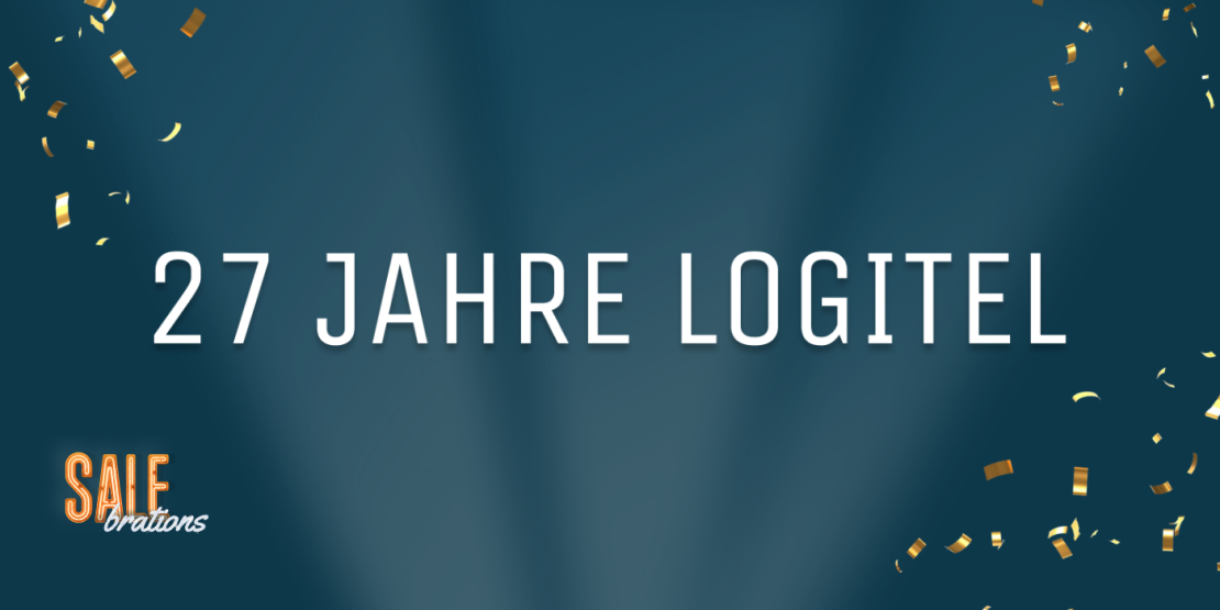 Schriftzug "27 Jahre LogiTel" auf petrol-farbenem Hintergrund mit goldenem Konfetti und "Salebrations"-Logo in der linken unteren Ecke.