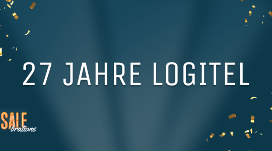 Schriftzug "27 Jahre LogiTel" auf petrol-farbenem Hintergrund mit goldenem Konfetti und "Salebrations"-Logo in der linken unteren Ecke.