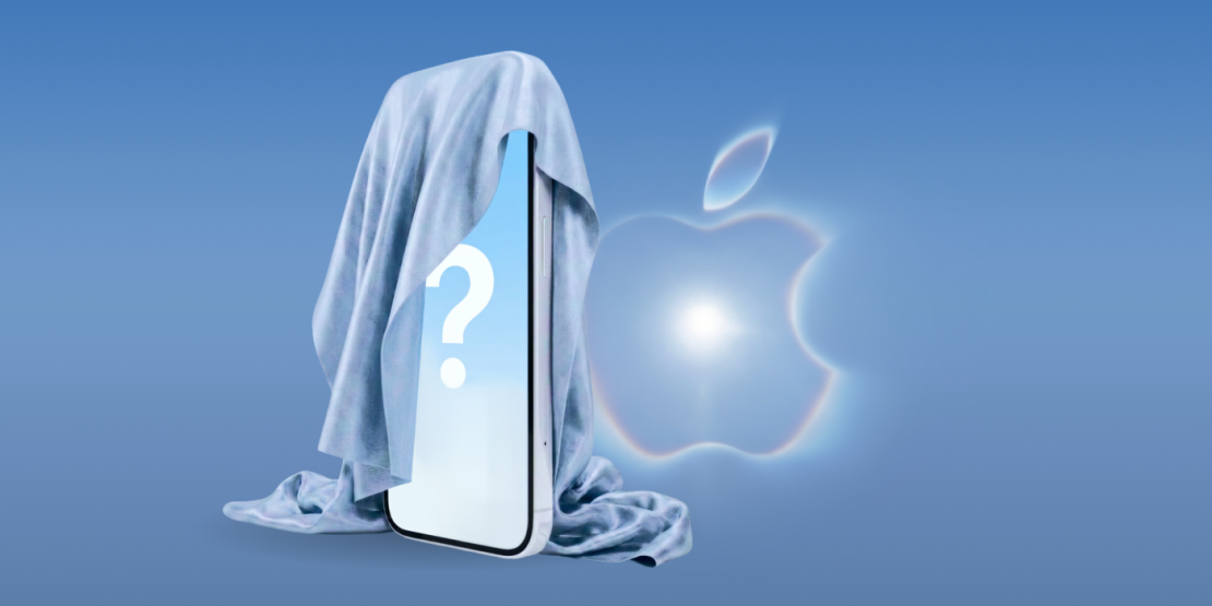 Verhülltes Smartphone mit Fragezeichen vor blauen Hintergrund, neben Apple-Logo als Symbol für kommende iPhone-Neuheiten.