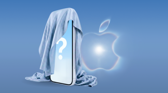 Verhülltes Smartphone mit Fragezeichen vor blauen Hintergrund, neben Apple-Logo als Symbol für kommende iPhone-Neuheiten.